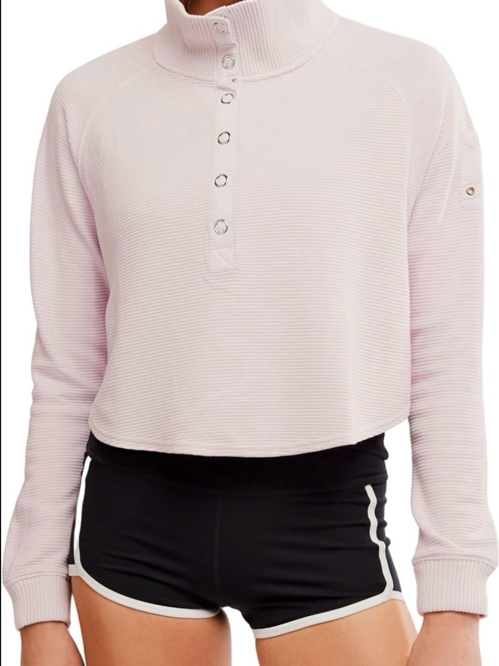 Free People Light Pink Cropped Snap-Front Mock Neck Pullover